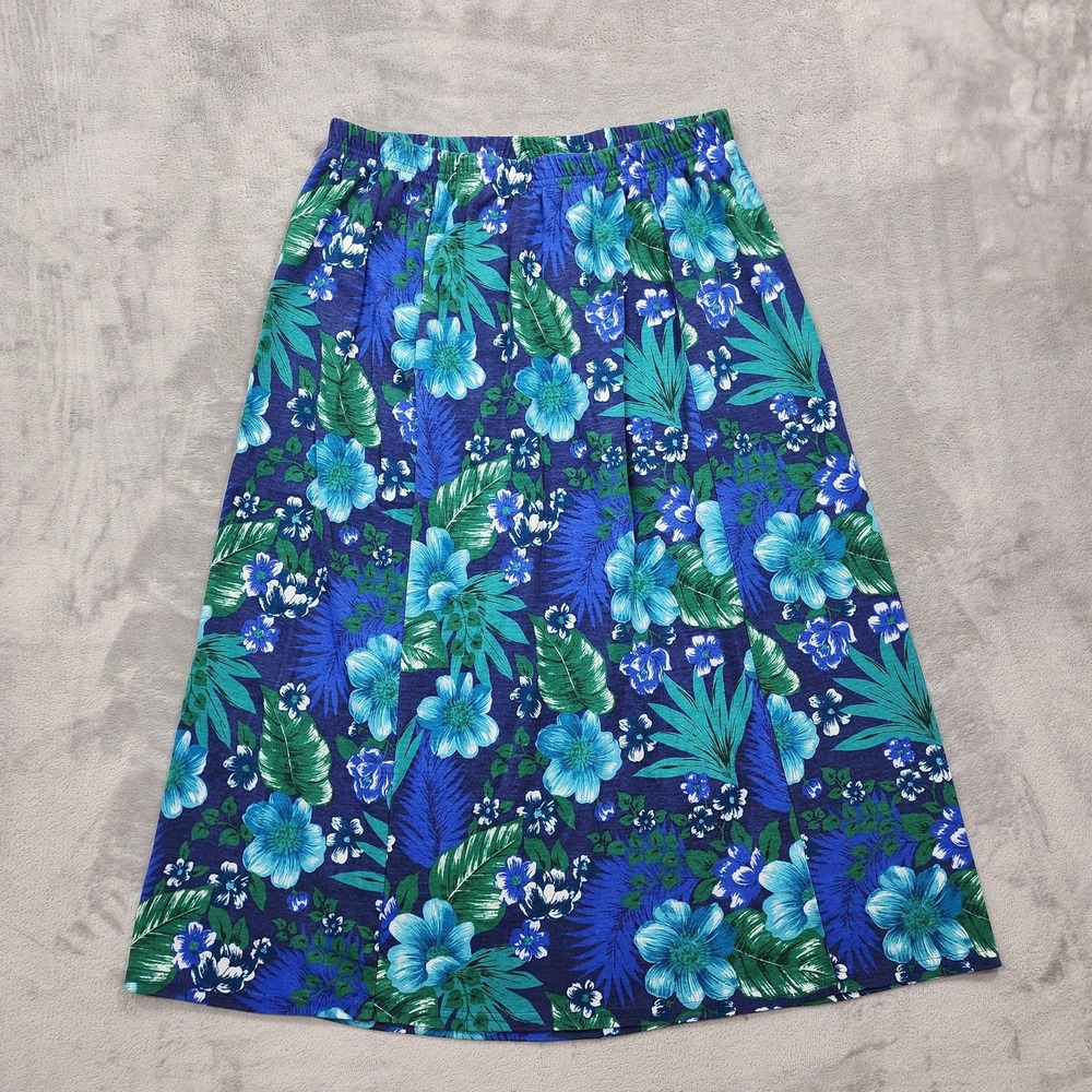 Vintage Basic Editions Skirt Womens 18W Blue Floral Pull On Knit A-Line Midi
